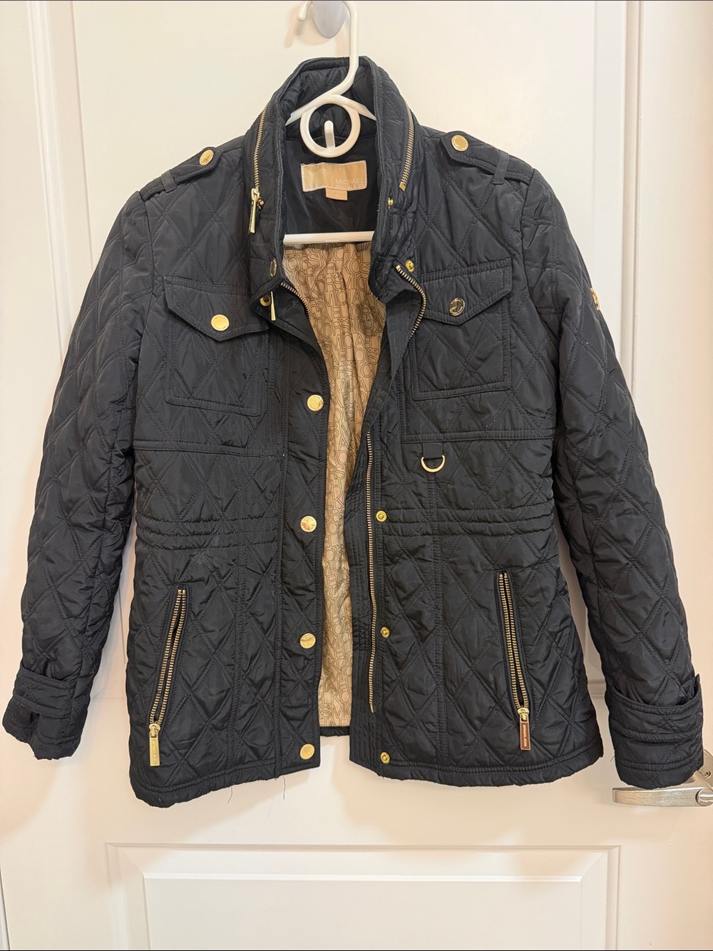 MICHAEL Michael Kors Black Quilted Puffer Jacket with Gold Hardware